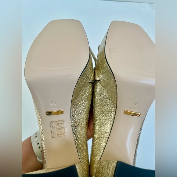 Gucci Metallic Gold Marmont GG Platform Platino Fringe Logo Block Heel pumps 38 - Picture 11 of 13